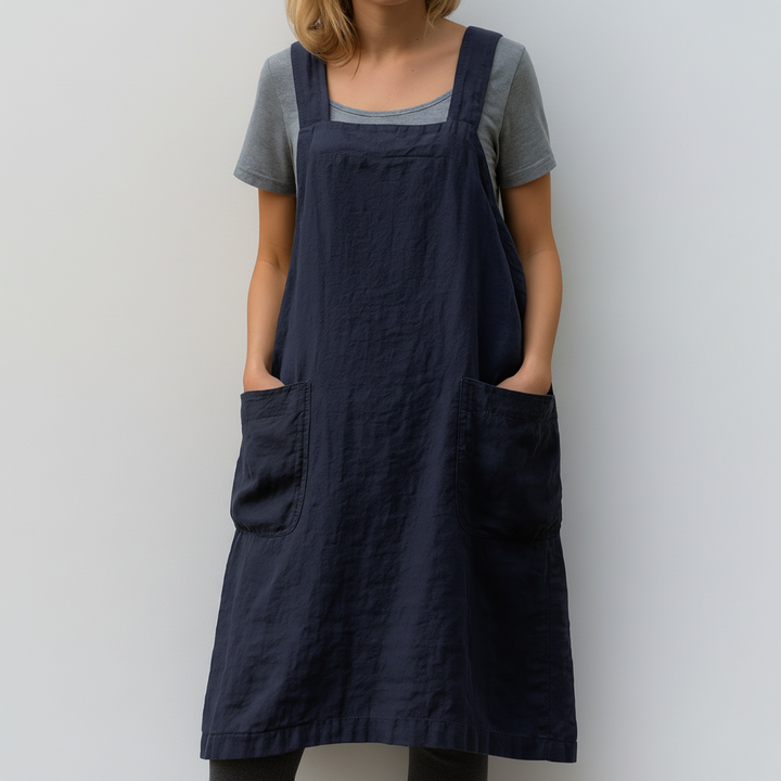 Abito Stile Grembiule in Cotone e Lino con Tasche per Donne