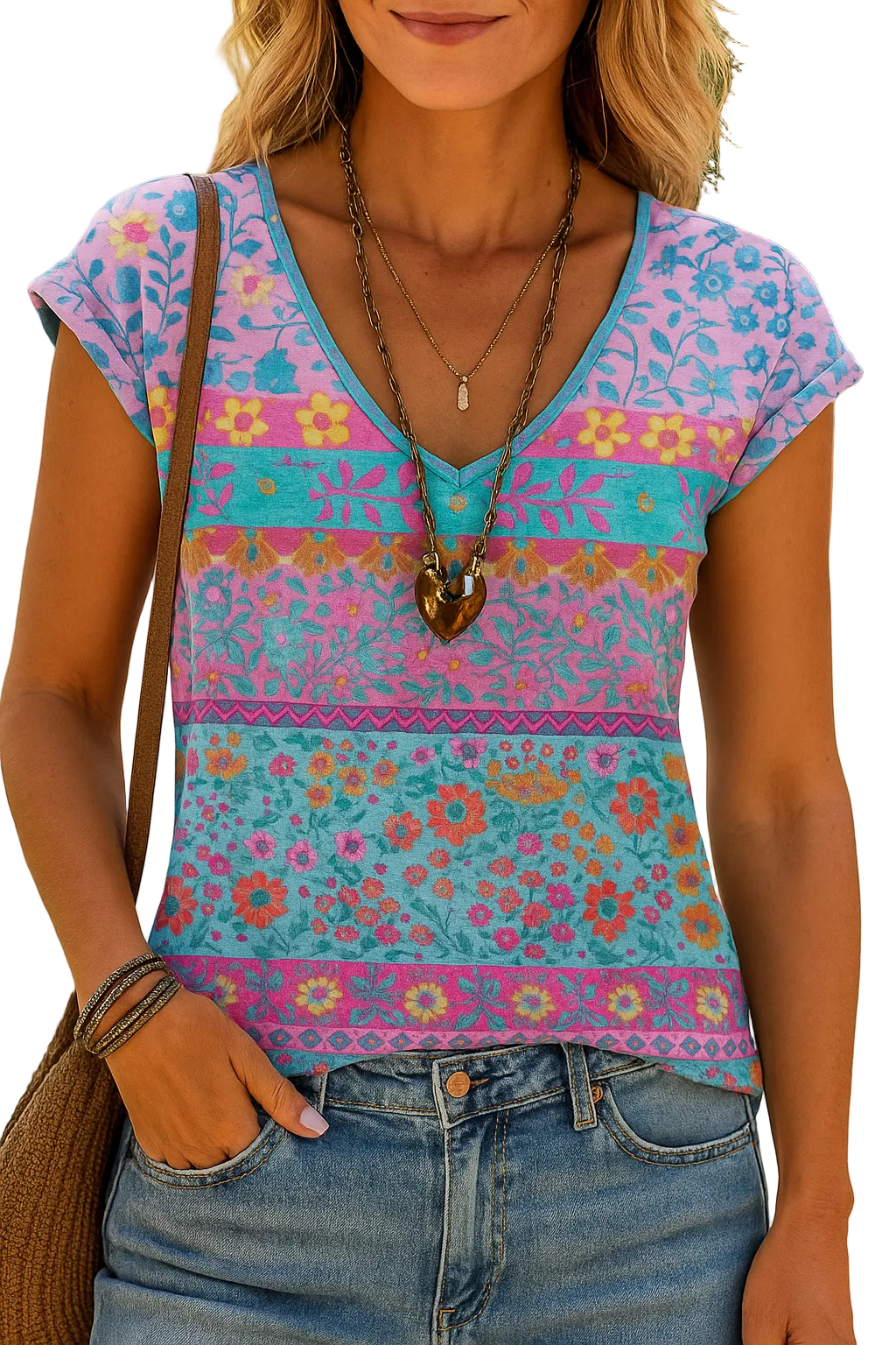 Maglietta Casual con Stampa Floreale e Scollo a V