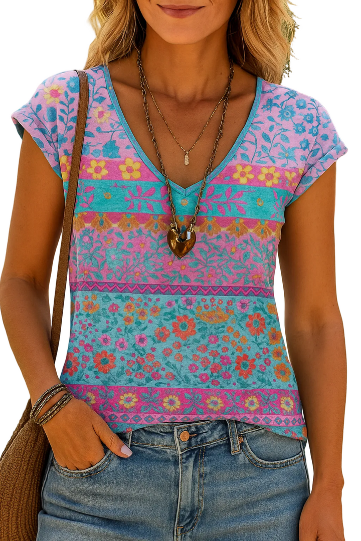 Maglietta Casual con Stampa Floreale e Scollo a V