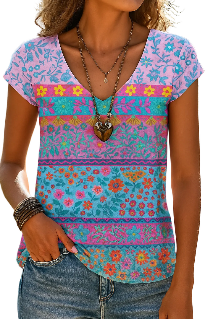 Maglietta Casual con Stampa Floreale e Scollo a V
