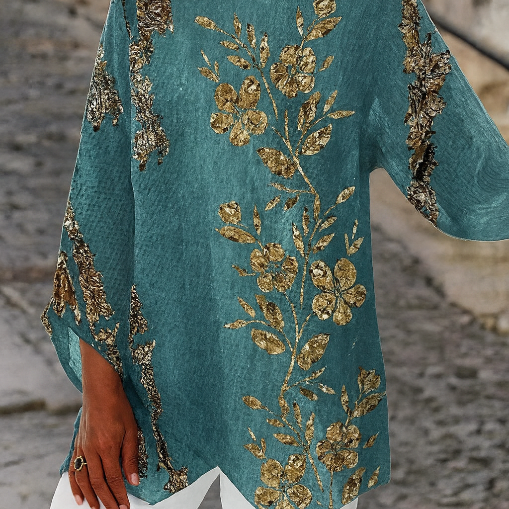 Blusa Lunga Floreale Oro – Eleganza Casual con Artigianato Femminile
