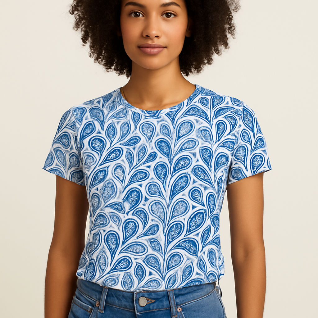 T-shirt blu stampata a girocollo e maniche corte da donna