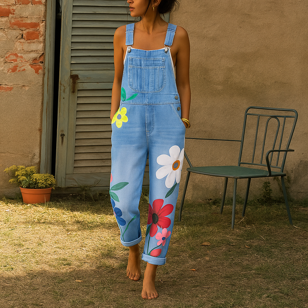 Tuta intera in denim con stampa floreale da donna