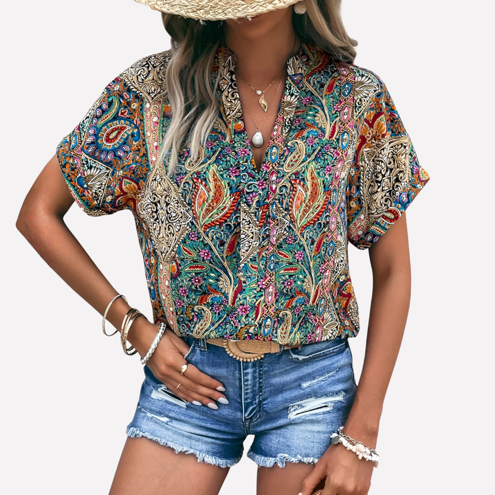 Blusa Spalla Cadente con Stampa Paisley a V-Collo per Donne