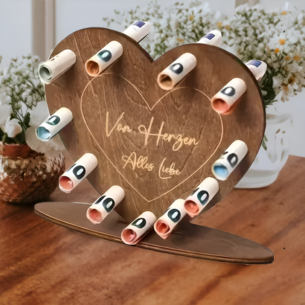 Scatola Regalo in Legno a Cuore per Lettera d'Amore e Contante
