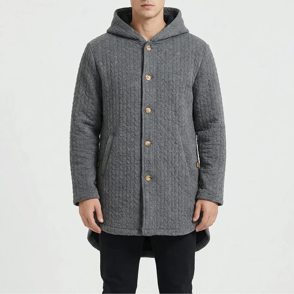 Cozwyn - Cappotto testurizzato con cappuccio e abbottonatura frontale