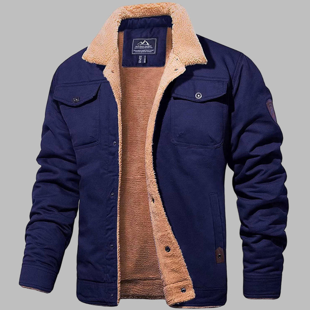 Donkerblauwe quinbomberjack con pile beigevoering, knoopsluiting e borstzakken. Winterjas, warme kleding, modieuze herenkleding.