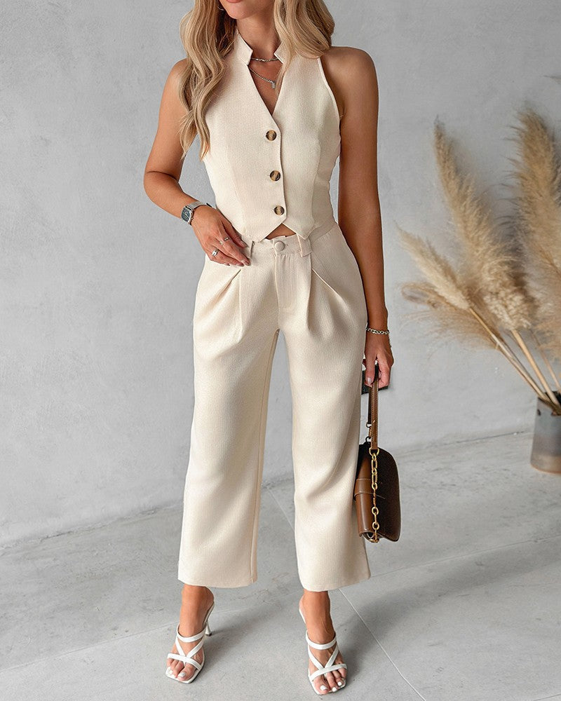 Vesta – Set da donna a due pezzi con top senza maniche e pantaloni