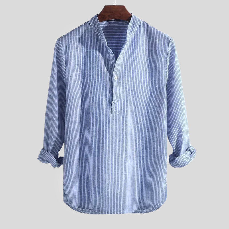Camicia a righe in cotone e lino con collo alla coreana da uomo