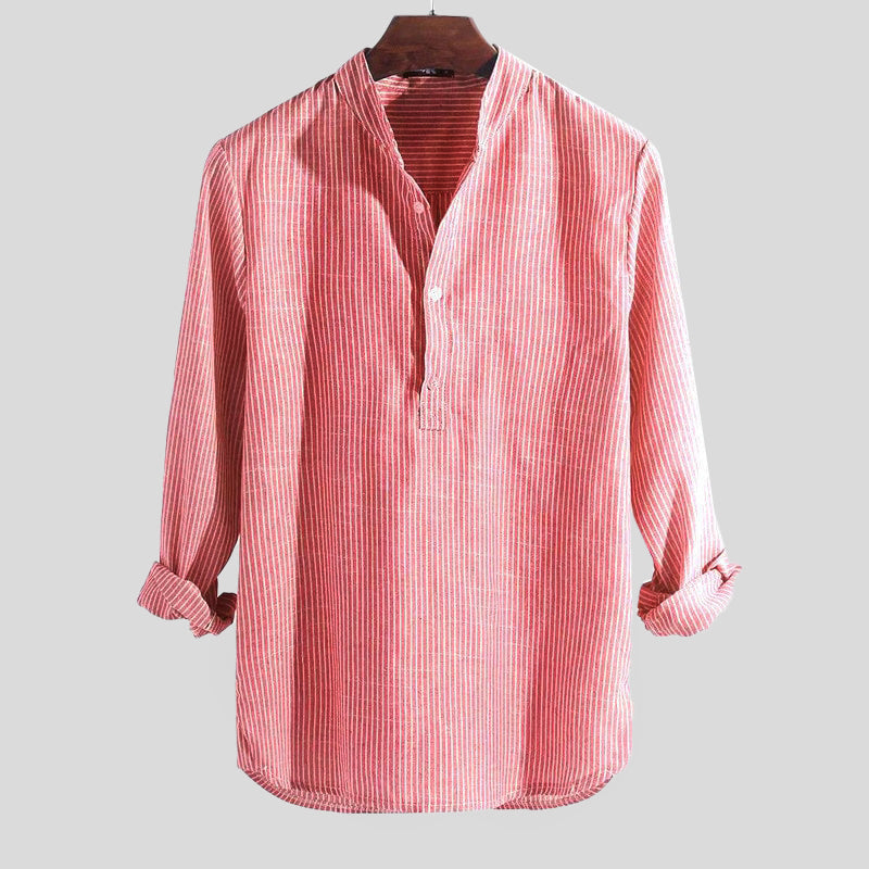 Camicia a righe in cotone e lino con collo alla coreana da uomo