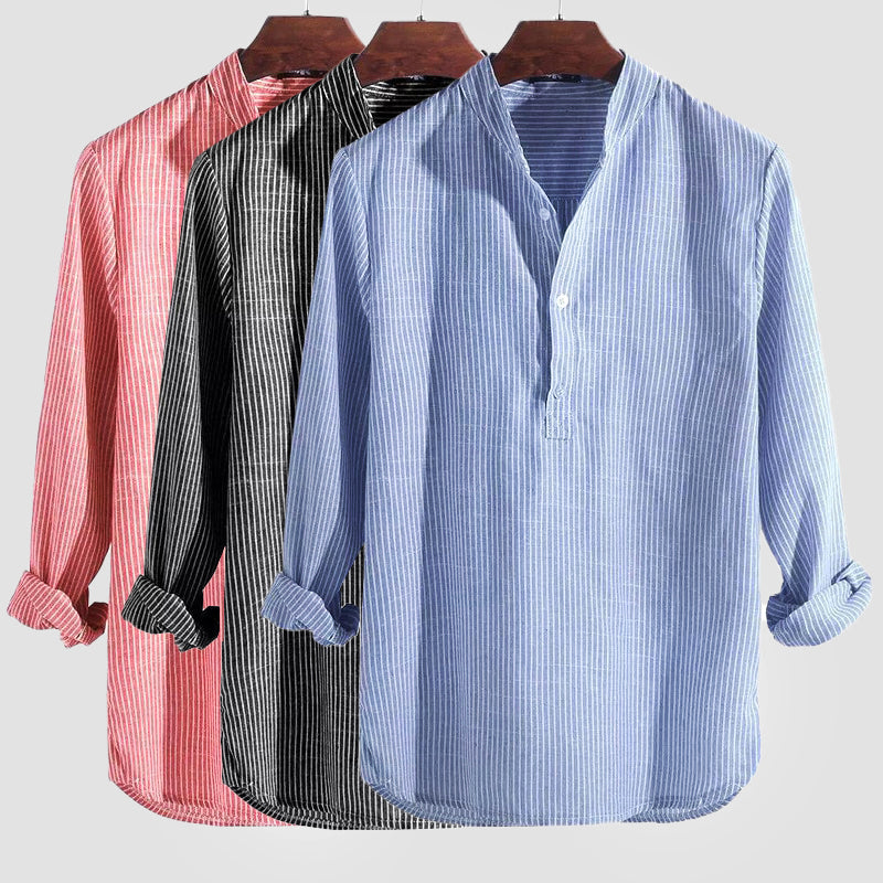 Camicia a righe in cotone e lino con collo alla coreana da uomo