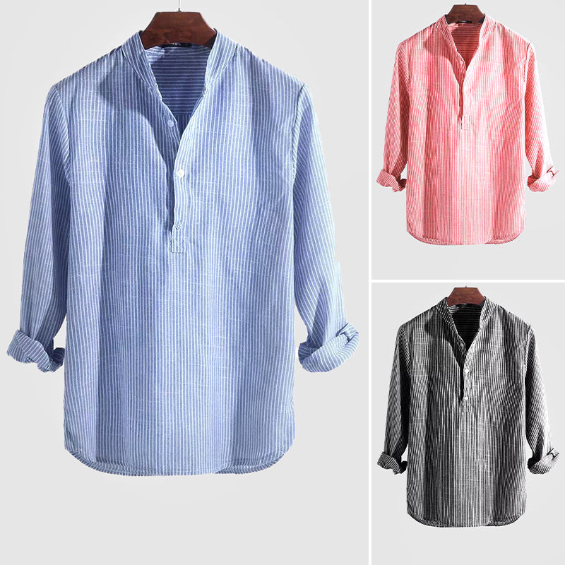 Camicia a righe in cotone e lino con collo alla coreana da uomo