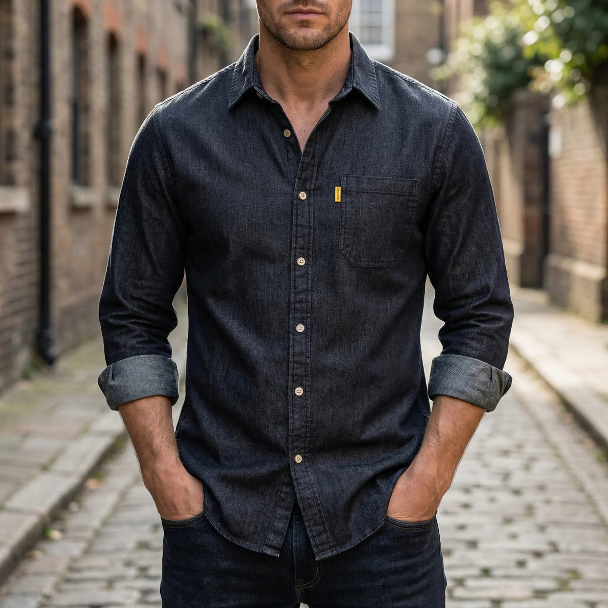 Camicia in Denim con Bottone a Maniche Lunghe