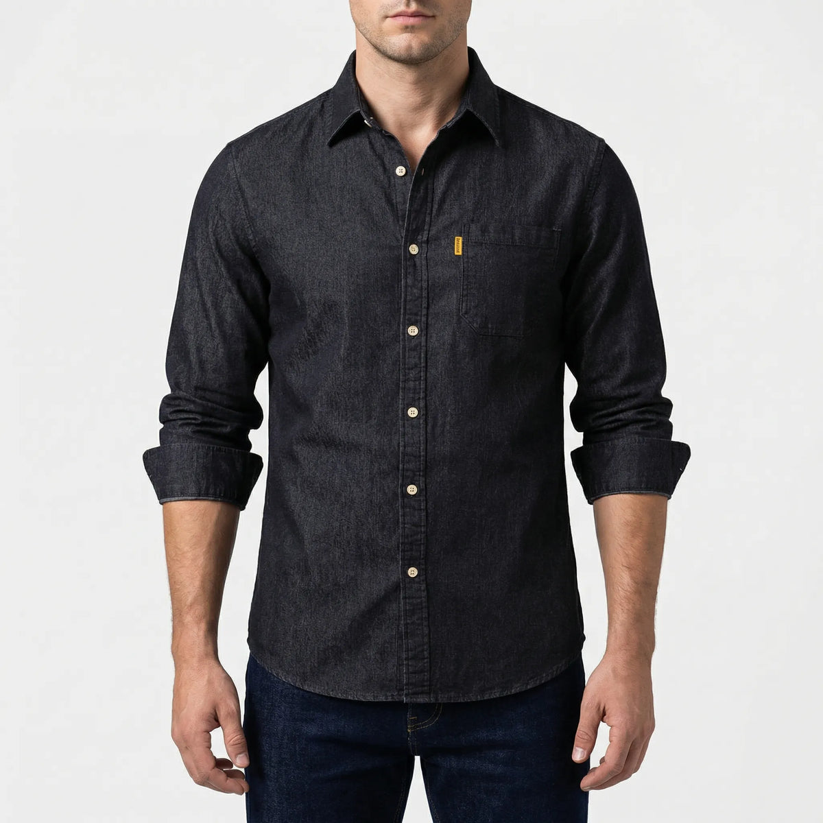 Camicia in Denim con Bottone a Maniche Lunghe