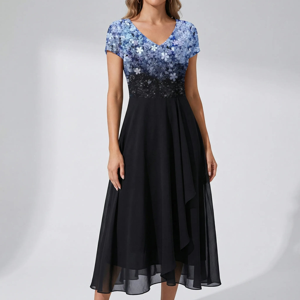 Abito Midi Scollo a V con Stampa Floreale per Donne