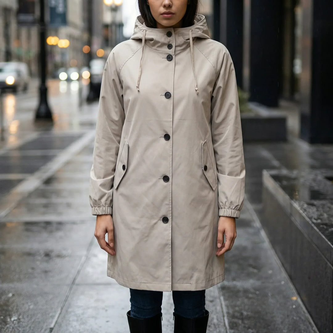 Drizzlux - Trench impermeabile con cappuccio, lunghezza al ginocchio