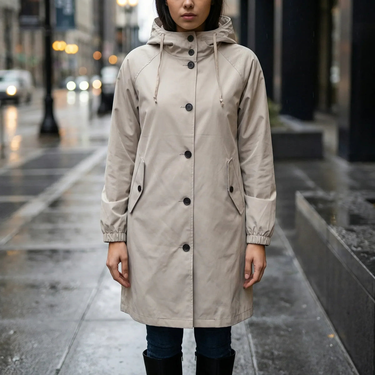 Cappotto Impermeabile con Capuccio Lungo fino al Ginocchio