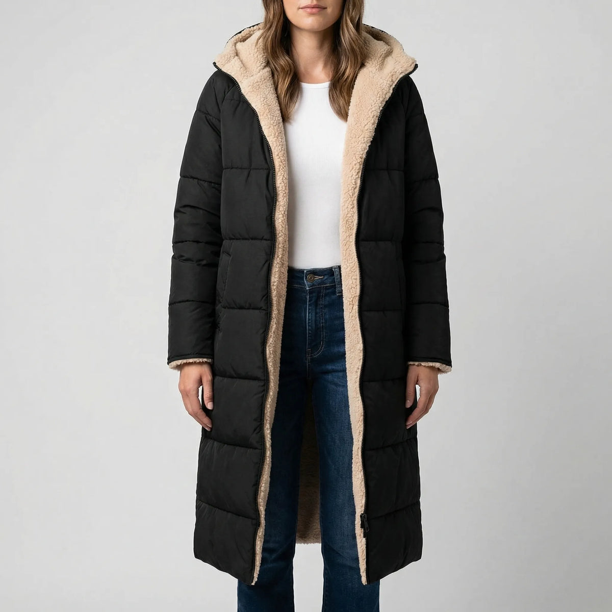 Cappotto Invernale Lungo Reversibile con Cappuccio
