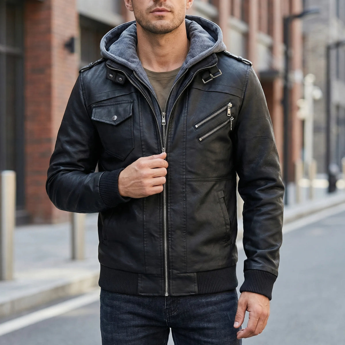 Giacca Bomber in Pelle con Cappuccio e Zip