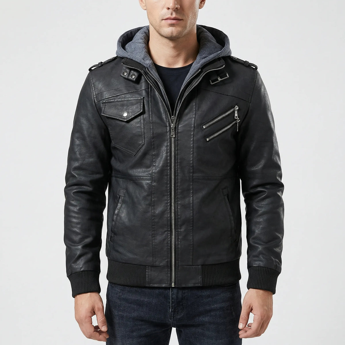 Giacca Bomber in Pelle con Cappuccio e Zip