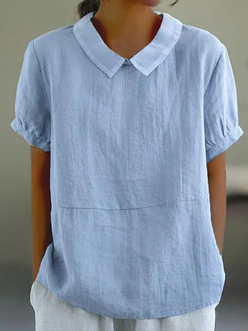 Top in misto cotone e lino tinta unita da donna