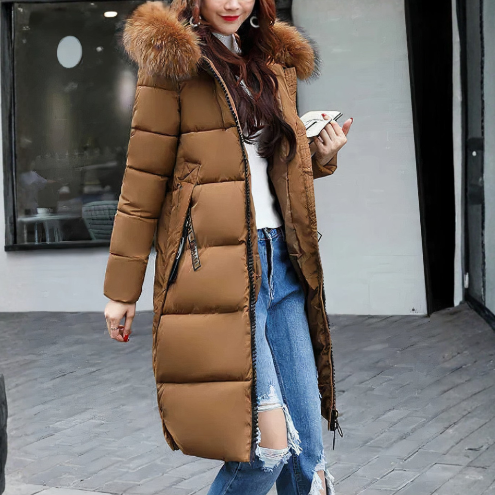 Cappotto Lungo da Donna con Collo in Pelliccia