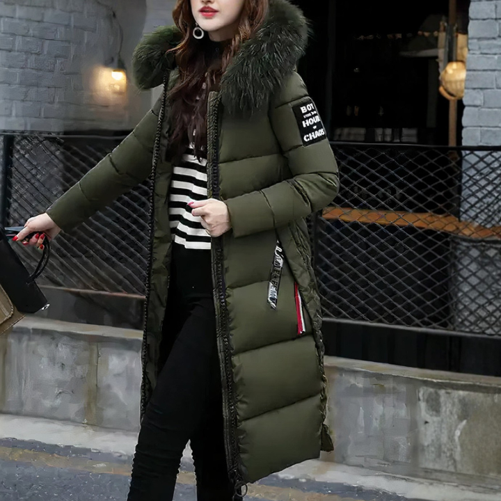 Cappotto Lungo da Donna con Collo in Pelliccia