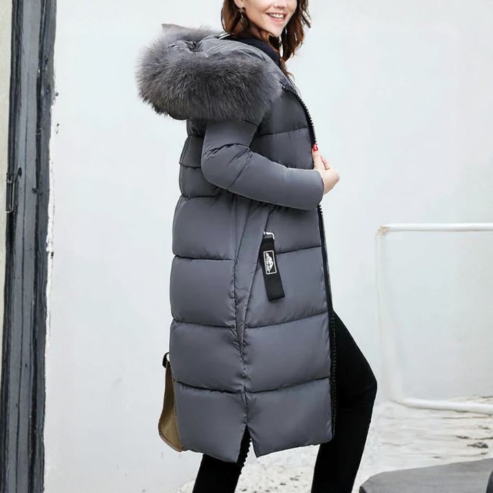 Cappotto Lungo da Donna con Collo in Pelliccia