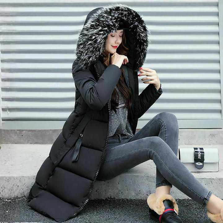 Cappotto Lungo da Donna con Collo in Pelliccia