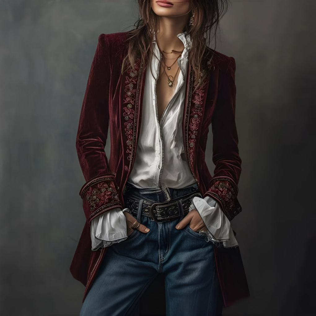 Giacca Lunga Blazer Ricamato da Donna
