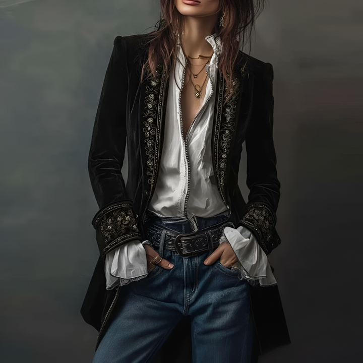 Giacca Lunga Blazer Ricamato da Donna