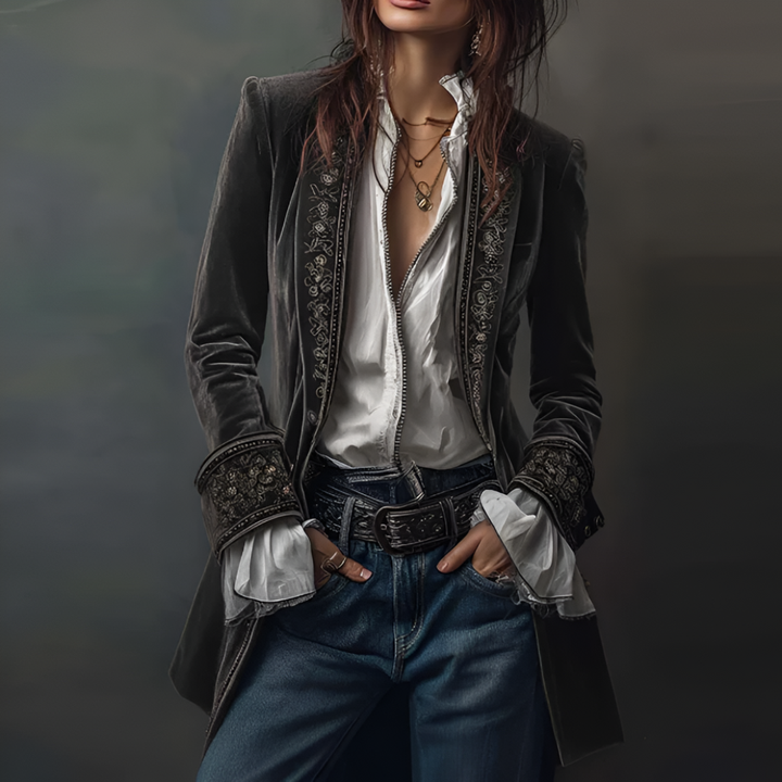 Giacca Lunga Blazer Ricamato da Donna