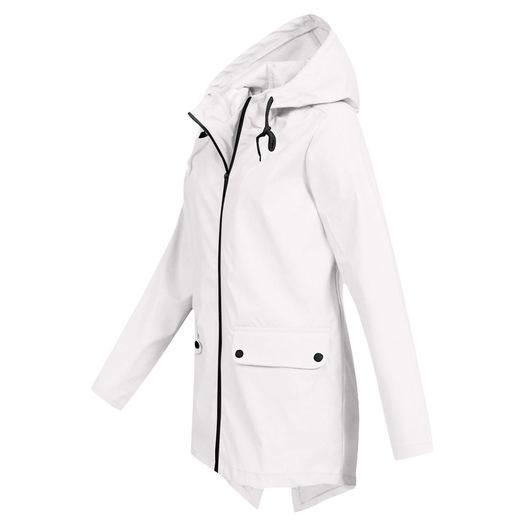 Giacca impermeabile media lunghezza con cappuccio e zip da donna