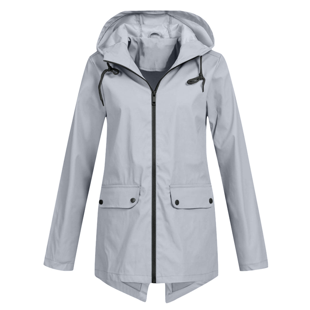 Giacca impermeabile media lunghezza con cappuccio e zip da donna