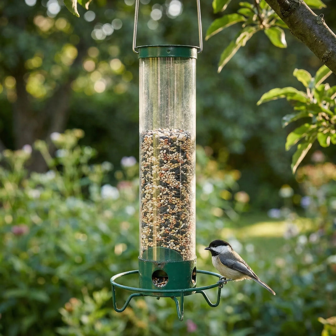 Feedrix - Mangiatoia per uccelli a tubo sospeso con anello di posatoio