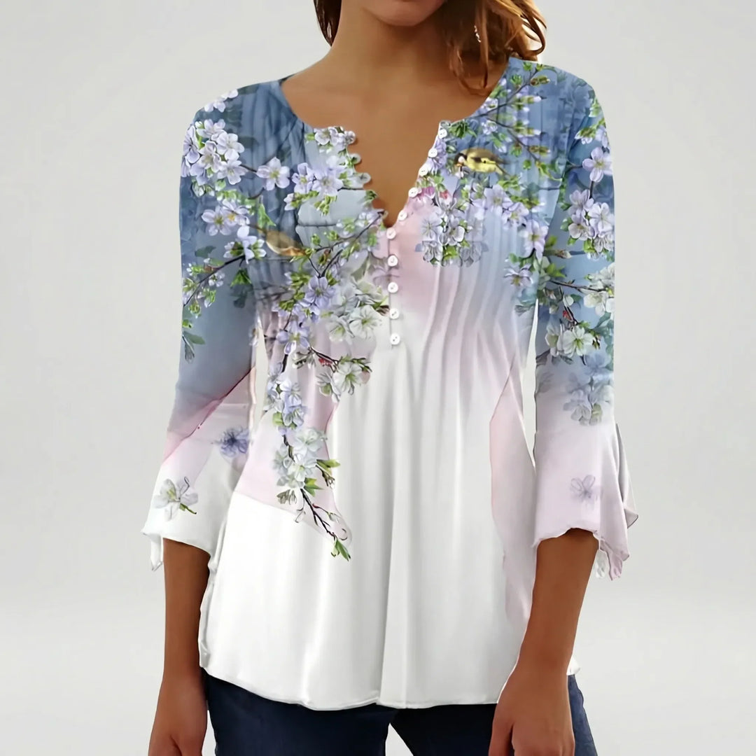 Floravia - Camicetta da donna con stampa floreale e scollo a bottoni