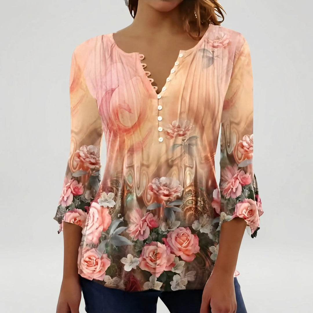 Floravia - Camicetta da donna con stampa floreale e scollo a bottoni