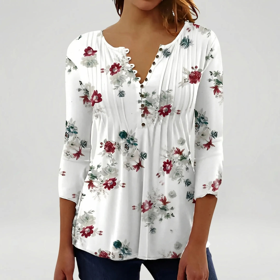 Floravia - Camicetta da donna con stampa floreale e scollo a bottoni
