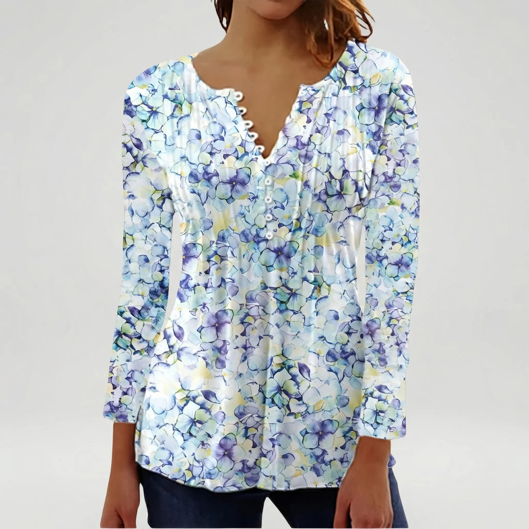 Floravia - Camicetta da donna con stampa floreale e scollo a bottoni