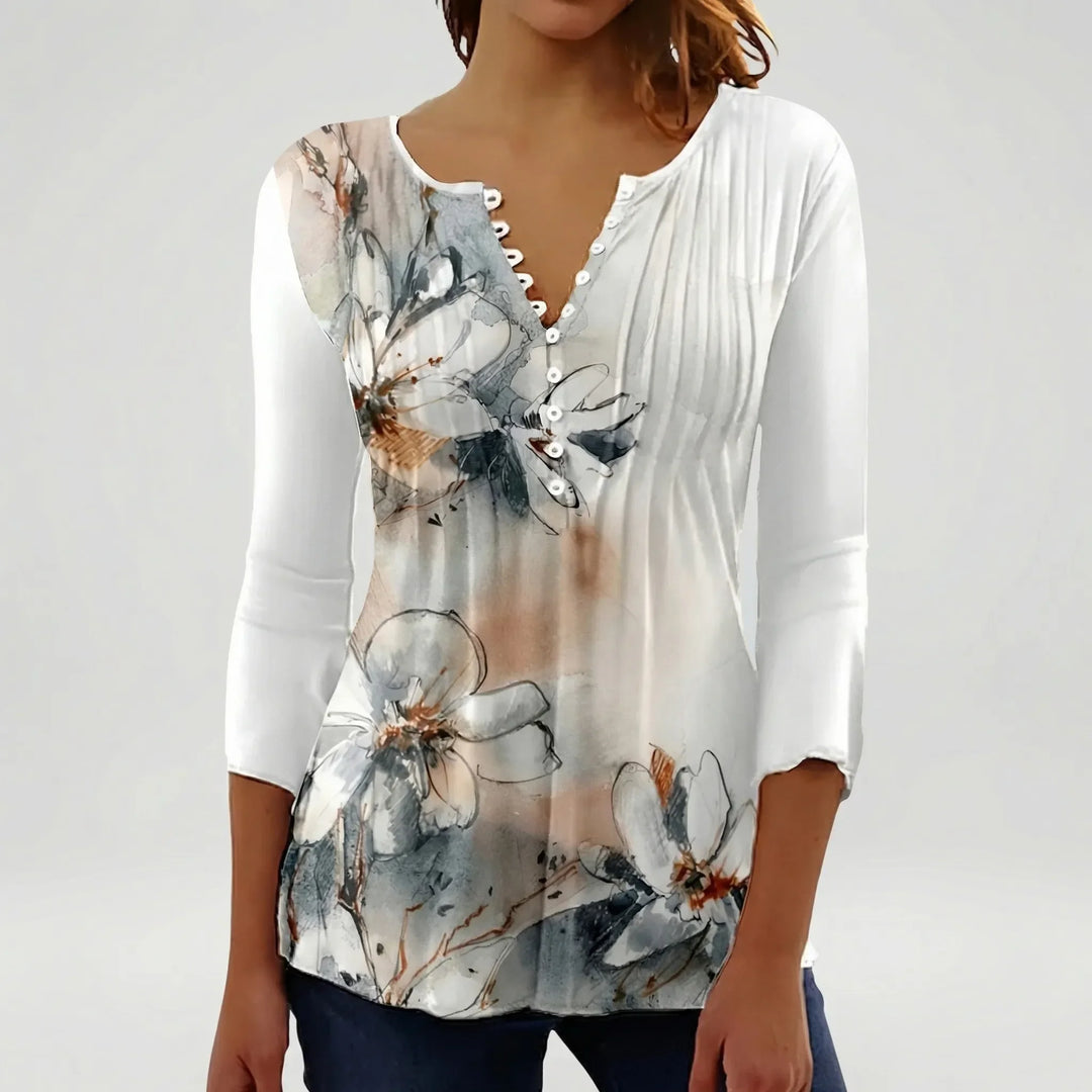 Floravia - Camicetta da donna con stampa floreale e scollo a bottoni