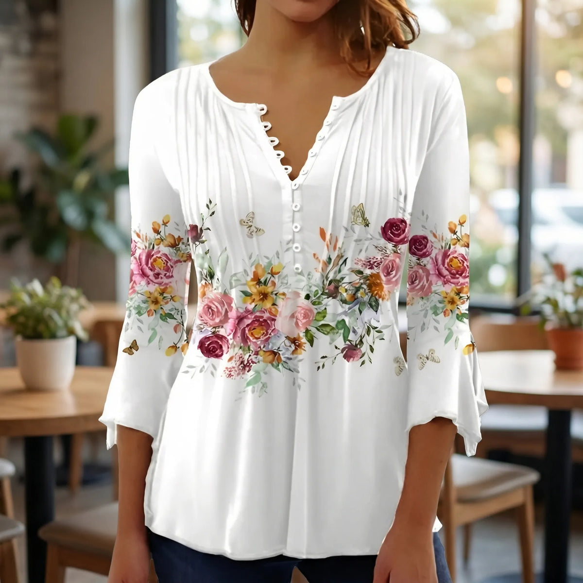 Blusa Donna Collo a Bottoni con Stampa Floreale