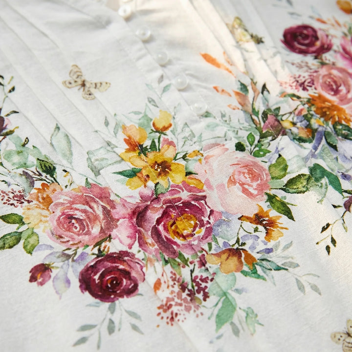 Floravia - Camicetta da donna con stampa floreale e scollo a bottoni