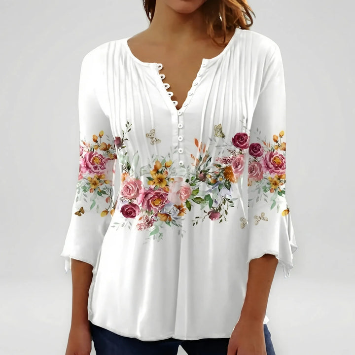 Floravia - Camicetta da donna con stampa floreale e scollo a bottoni