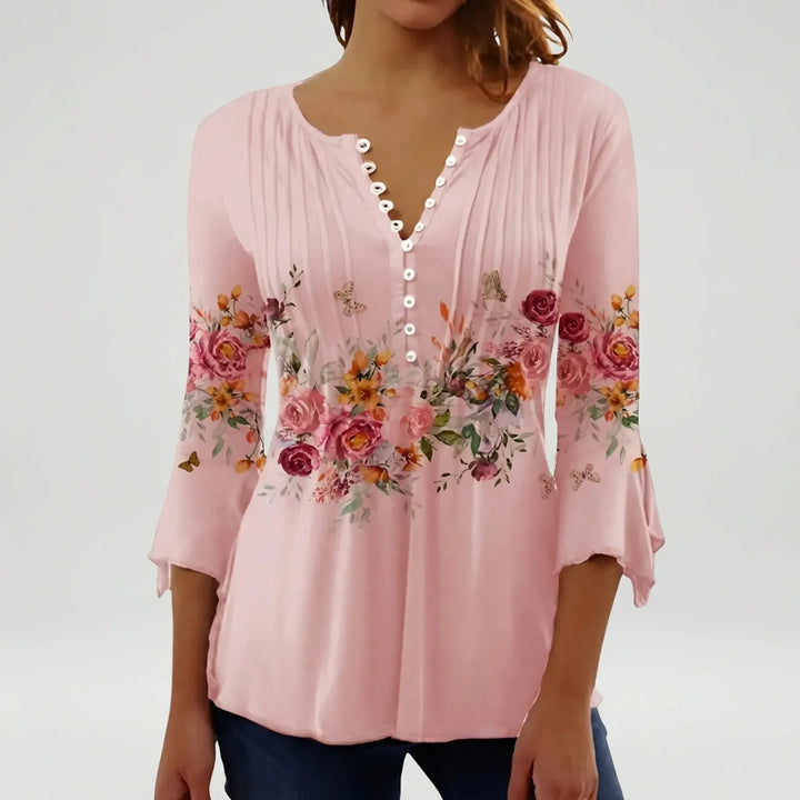 Floravia - Camicetta da donna con stampa floreale e scollo a bottoni