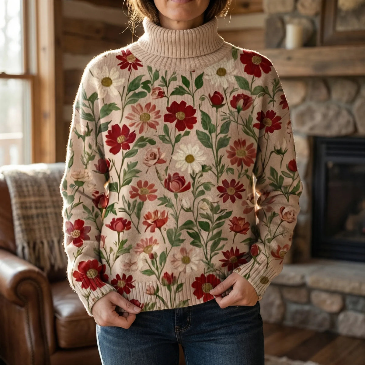 Maglione Collo Alto Stile Floreale per Donna