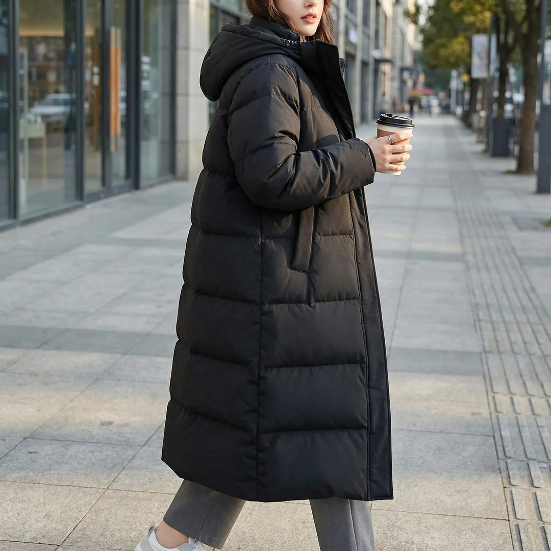 Froskeva - Parka imbottito con cappuccio, lunghezza al ginocchio