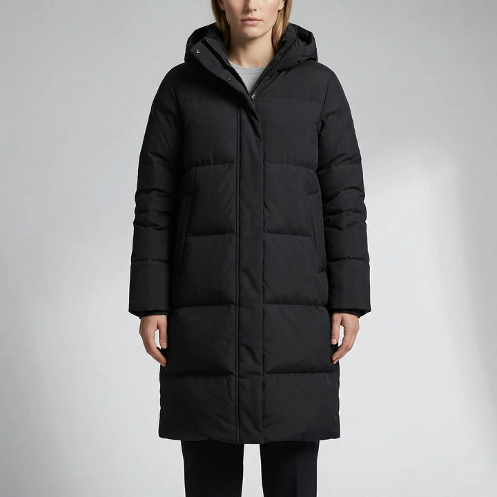 Froskeva - Parka imbottito con cappuccio, lunghezza al ginocchio