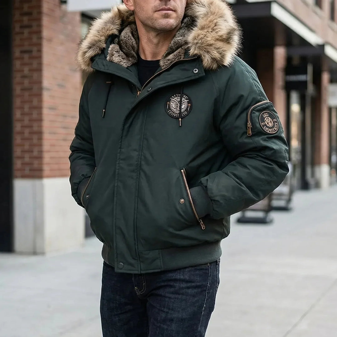 Frostlux - Giacca bomber imbottita con cappuccio in pelliccia sintetica