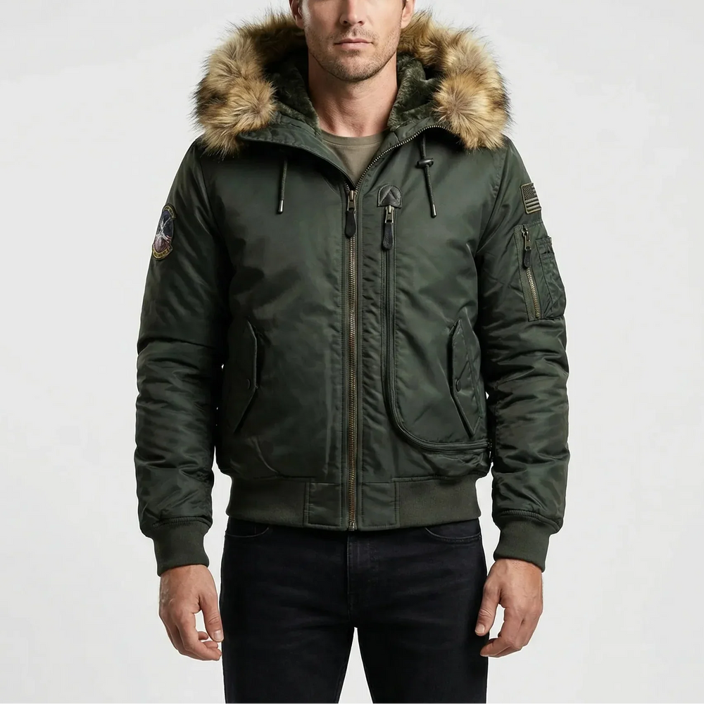 Frostlux - Giacca bomber imbottita con cappuccio in pelliccia sintetica