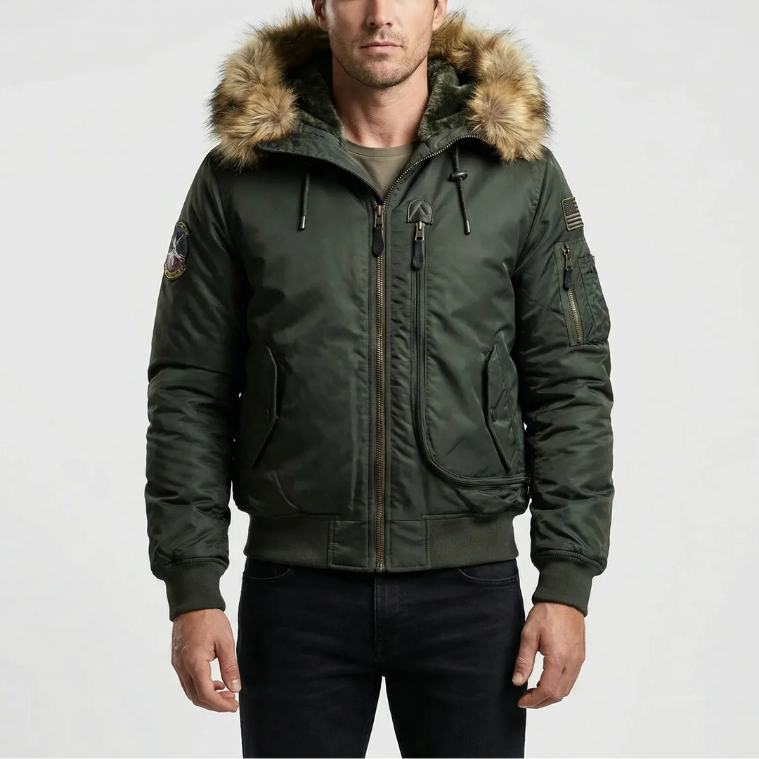 Frostlux - Giacca bomber imbottita con cappuccio in pelliccia sintetica